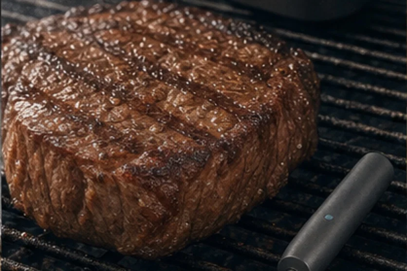 Illustrated wireless temperature probe beside a thick steak on a dark grill grate